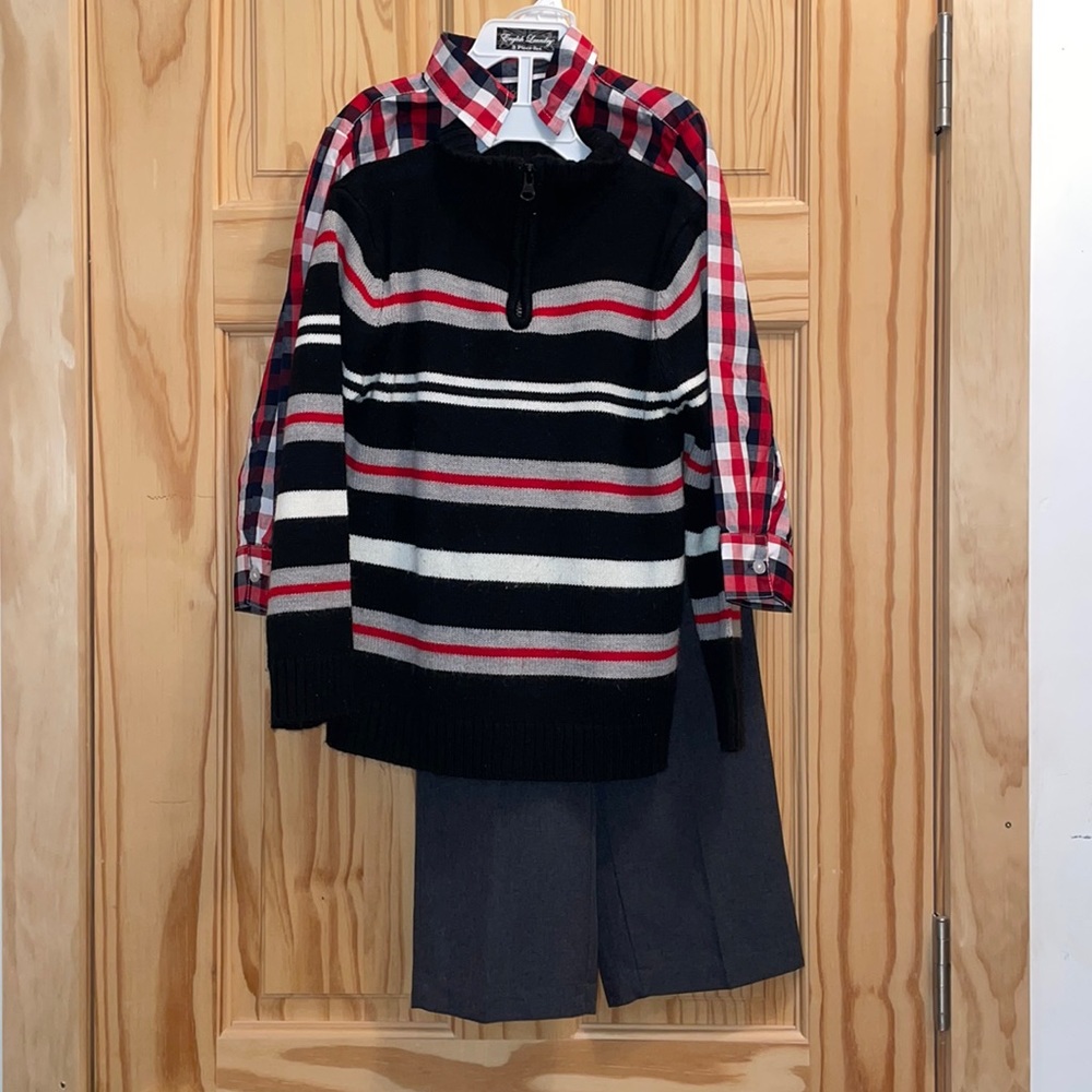 VGUC English Laundry 3 Piece Sweater and Plaid Shirt Set Size 6 Red White Black